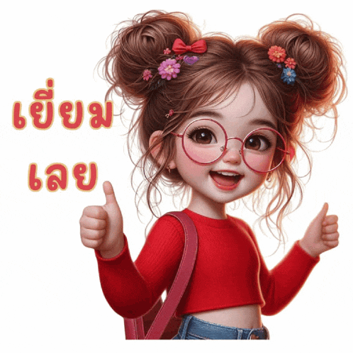 a little girl wearing glasses is giving a thumbs up sign