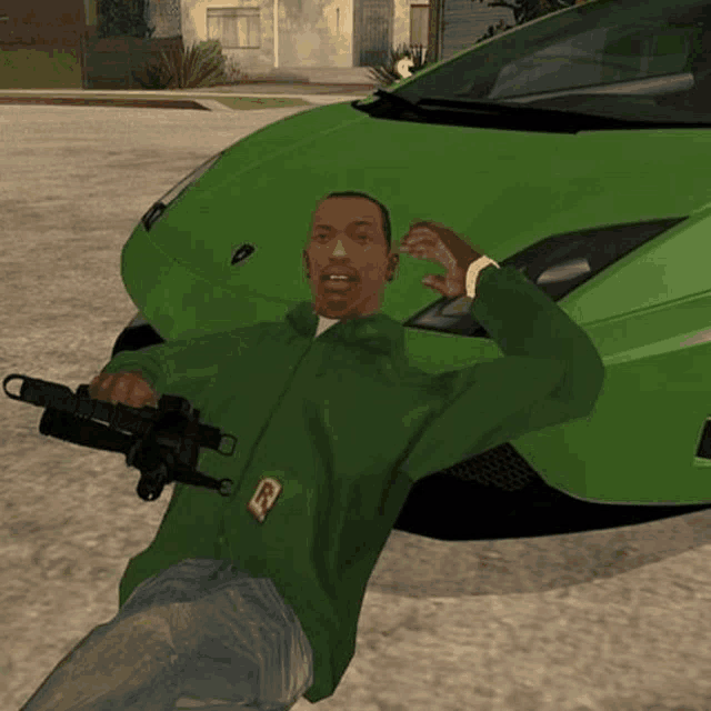 a man in a green jacket with the letter r on his belt is laying on the ground in front of a green car