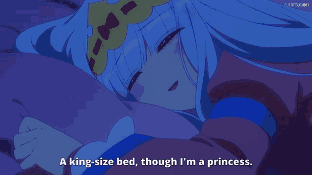 a girl in a crown is sleeping in a king size bed