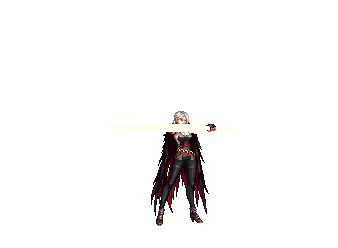 a pixel art of a woman with long black hair holding a sword