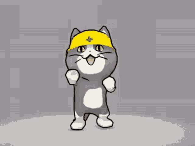 a gray and white cat wearing a yellow hard hat is dancing .