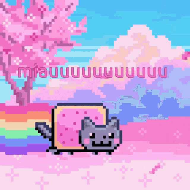 a pixel art of a cat with a tree in the background and the words miauuuuuuuuu on the bottom