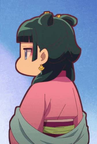 a cartoon drawing of a girl with green hair and a pink shirt