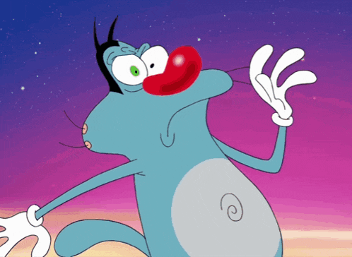 a cartoon character with a red nose and white gloves waving