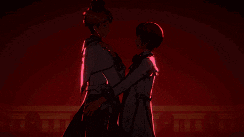 a couple of anime characters standing next to each other looking at each other