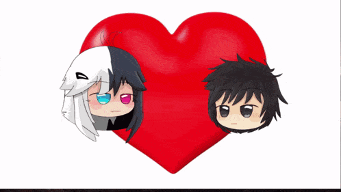 a couple of anime characters are standing next to a large red heart