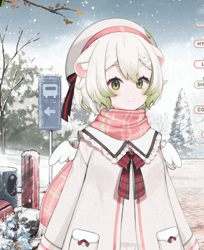 a girl with a scarf around her neck stands in front of a sign that says 10