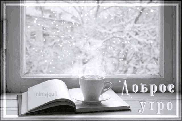 a cup of coffee sits on a book next to a window with a snowy scene in the background