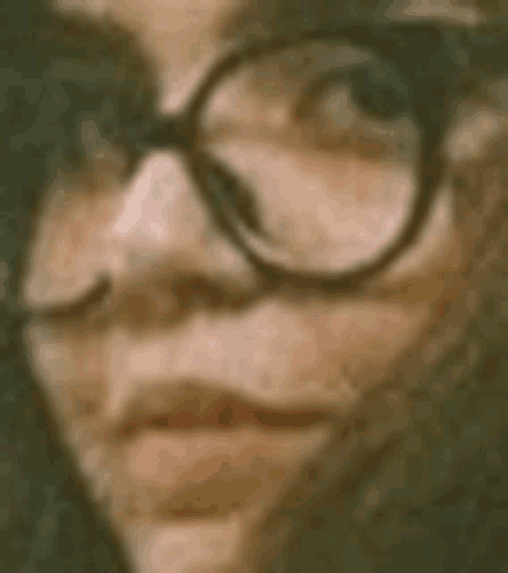 a close up of a person wearing glasses with a beard .
