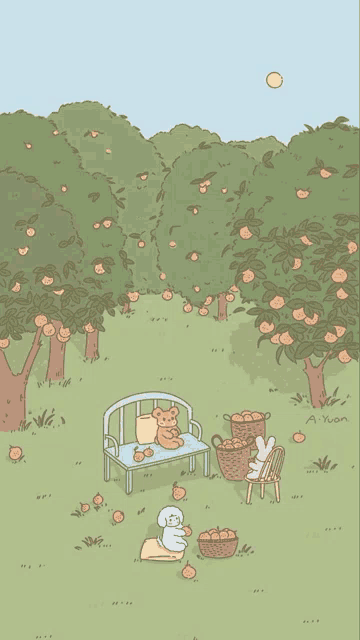 a cartoon drawing of a teddy bear sitting on a bench in a park