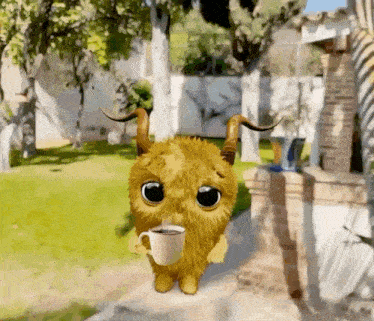 a cartoon character holding a cup of coffee