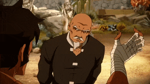 a man with a mustache is talking to another man with a bandaged hand