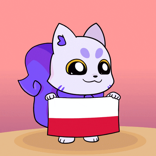 a cartoon of a cat holding a red and white flag