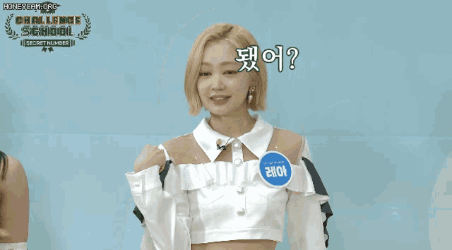 a girl with blonde hair is wearing a name tag that says " secret number "