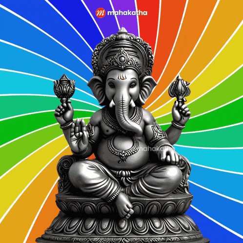 a statue of ganesha is on a colorful background with the words mahakatha on the bottom