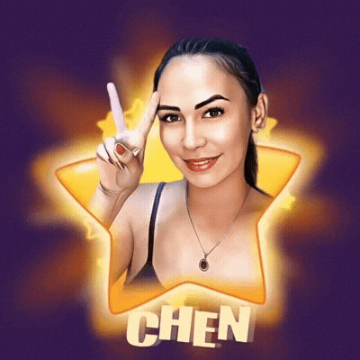 a woman giving a peace sign in front of a star with the name chen