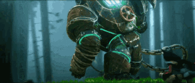 a giant robot is chained to a smaller robot in a video game .
