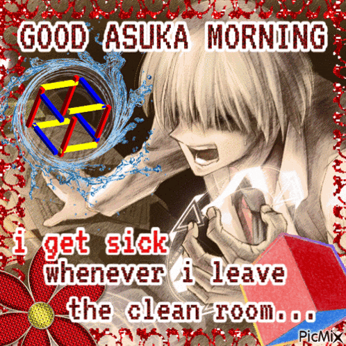 a picture of a boy with the words good asuka morning written on it