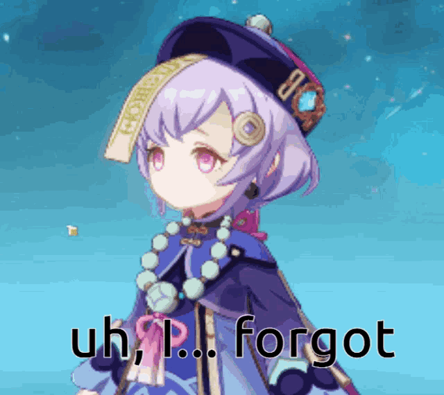 a girl with purple hair is wearing a hat and a necklace and says " uh p ! forgot "