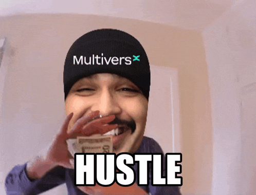 a man wearing a hat that says multivers is holding a bunch of money