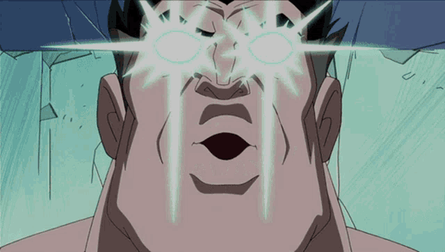 a close up of a man 's face with a glowing light coming out of his eyes