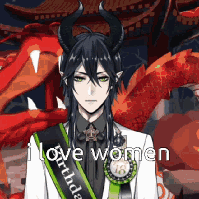 a man with horns and a sash that says " i love women "