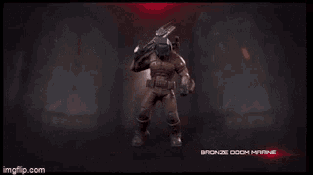 a video game character is holding a gun and says bronze doom marine on the bottom