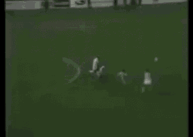 a black and white photo of a soccer game with a goalie in the background .