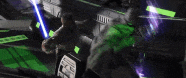 a person is holding a lightsaber in front of a sign that says ' u.s.s. ' on it