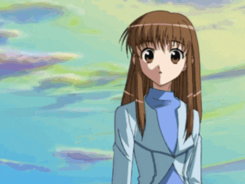 a girl with long brown hair is wearing a blue sweater and a white jacket