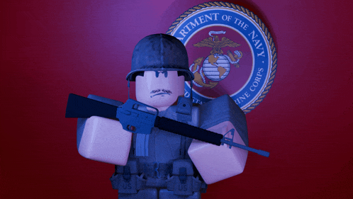 a toy soldier is holding a gun in front of the department of the navy marine corps logo