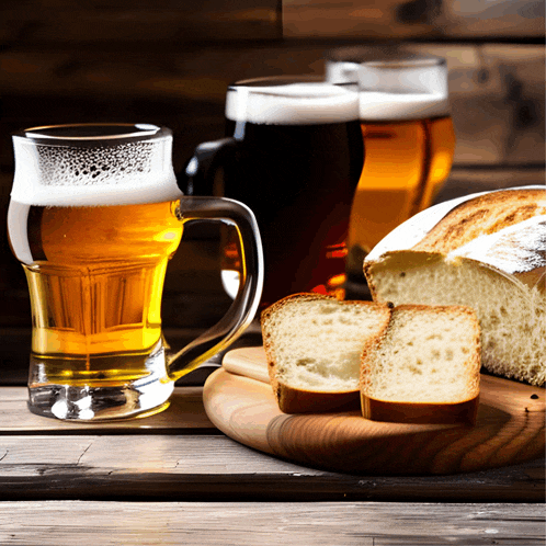 a slice of bread sits on a wooden cutting board next to a glass of beer