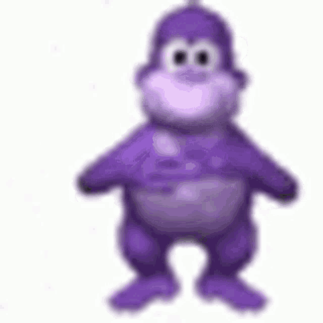 a purple gorilla is standing on a white background holding a cell phone .