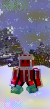 a red and white toy robot is standing in the snow .
