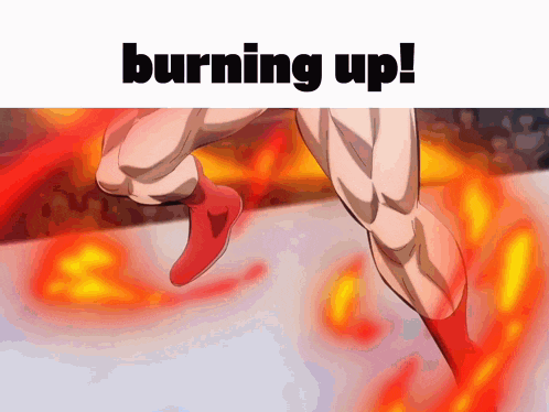 a cartoon of a person running with the words burning up behind them
