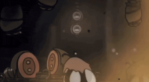 a cartoon character is standing in a dark room with a bunch of circles in the background