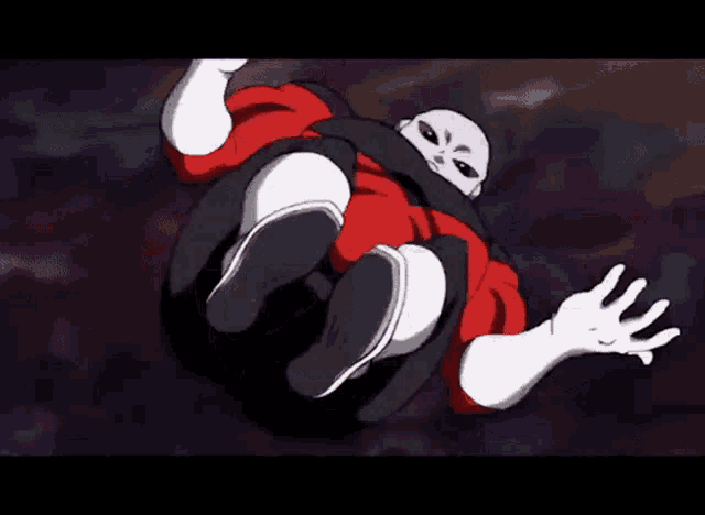 a cartoon character in a red and black outfit is flying through the air