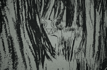 a black and white drawing of a cat peeking out from a tree