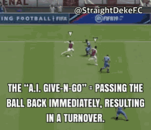 a soccer game is being played with a caption that says " the " a.i. give-n-go "