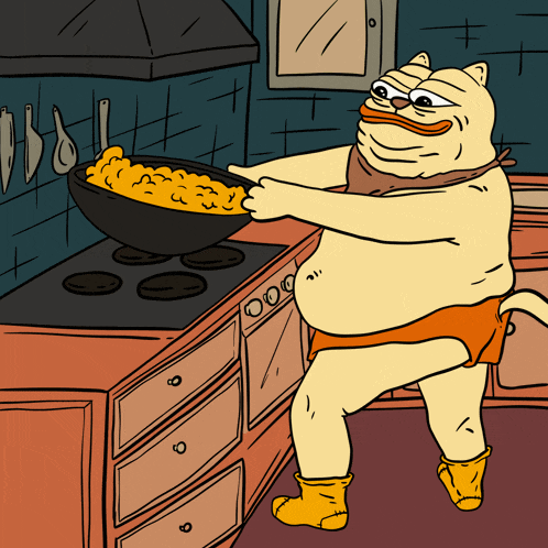 a cartoon of a cat cooking food in a pan