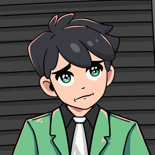 a cartoon drawing of a boy wearing a green suit and tie