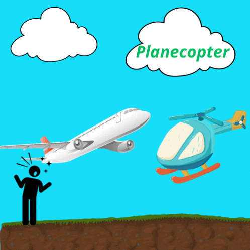 a plane and a helicopter are flying in the sky with a cloud that says planecopter above them