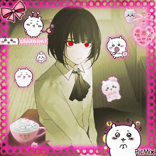 a picture of a girl with black hair and red eyes is surrounded by pink stickers and a cup of whipped cream