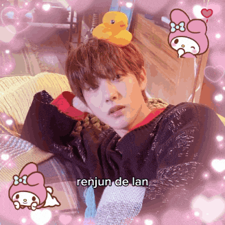 a boy with a rubber duck on his head and the words renjun de lan