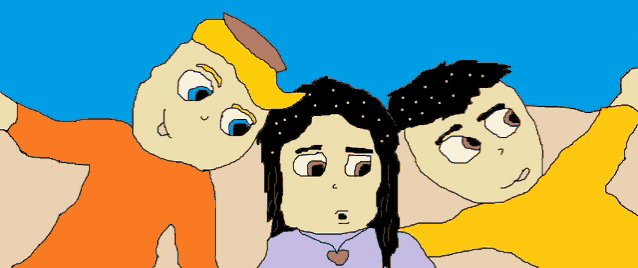 a cartoon of a girl and two boys with their heads together