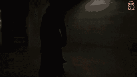 a silhouette of a woman in a long black dress is standing in a dark hallway .