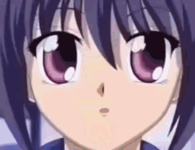 a close up of a anime girl 's face with purple hair and pink eyes .