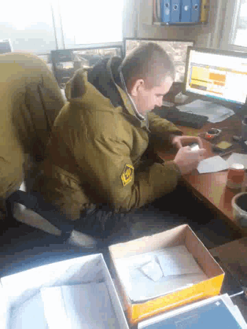 a man in a green jacket has a patch on his jacket that says ' army '