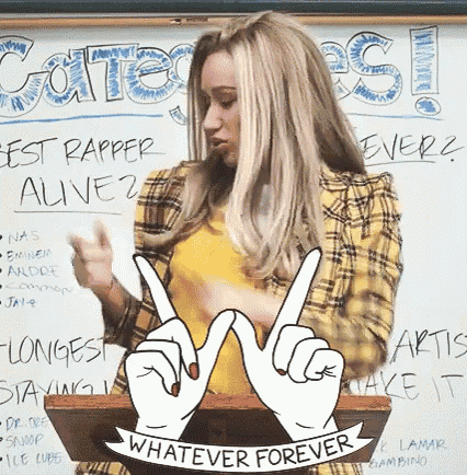 a woman stands in front of a white board that says ' whatever forever ' on it