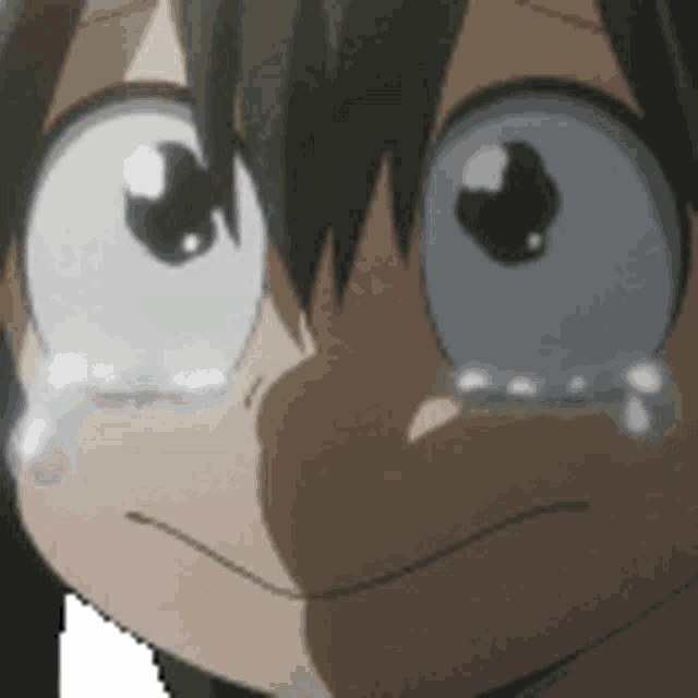 a close up of a cartoon character 's face with tears coming out of his eyes .